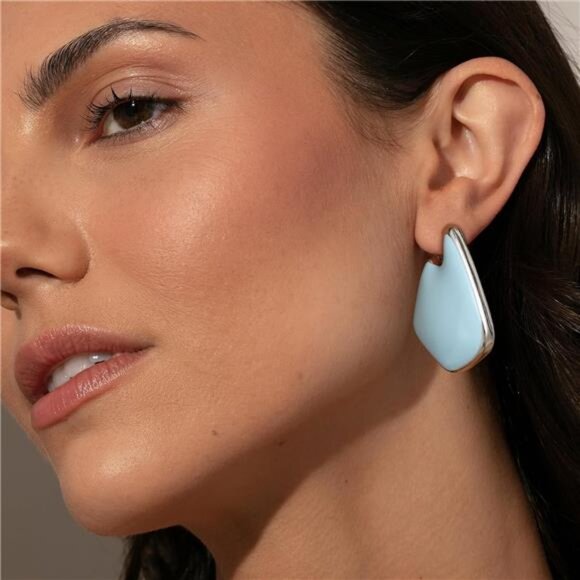 Light Blue Geometric Gold Statement Earrings – Chunky & Lightweight - Picture 2 of 5